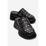 LuviShoes HARLOW Siyah Cilt Hakiki Deri Troklu Kadın Dolgu Tabanlı Terlik