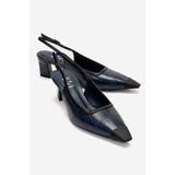 LuviShoes HILDA Lacivert Baskı Mat Burunlu Kadın Blok Topuklu Ayakkabı