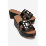 LuviShoes HIOLA Siyah Hakiki Deri Tokalı Kadın Dolgu Topuklu Terlik