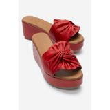 LuviShoes JEFF Kırmızı Cilt Hakiki Deri Fiyonklu Kadın Dolgu Topuklu Terlik