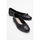 LuviShoes JENS Siyah-Siyah Cilt Hakiki Deri Fiyonklu Kadın Babet Ayakkabı
