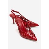 LuviShoes JEVER Kırmızı Cilt Lazer Kesim Sivri Burun Slingback Kadın İnce Topuklu Ayakkabı