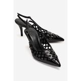 LuviShoes JEVER Siyah Cilt Lazer Kesim Sivri Burun Slingback Kadın İnce Topuklu Ayakkabı