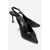 LuviShoes JOHANNA Siyah Platin Taşlı Kadın Topuklu Ayakkabı