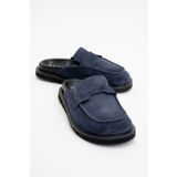 LuviShoes LAVEN Lacivert Süet Hakiki Deri Kadın Terlik