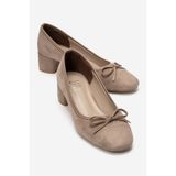 LuviShoes LESLIE Vizon Süet Fiyonklu Kadın Kalın Topuklu Ayakkabı