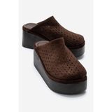 LuviShoes LUNE Kahverengi Süet Hakiki Deri Delikli Kadın Dolgu Topuklu Terlik