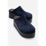 LuviShoes LUNE Lacivert Süet Hakiki Deri Delikli Kadın Dolgu Topuklu Terlik