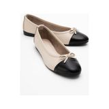 Luvishoes Luvi Shoes Jens Bej-siyah Cilt Hakiki Deri Fiyonklu Kadın Babet Ayakkabı Bej - Siyah