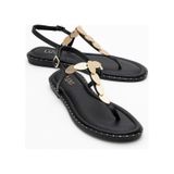 Luvishoes Luvi Shoes Marea Siyah Hakiki Deri Parmak Arası Gold Tokalı Kadın Sandalet Siyah