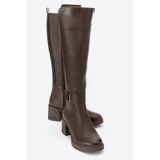 Luvishoes Luvi Shoes Moreni Kahve Cilt Streç Detaylı Tokalı Kadın Kalın Topuklu Çizme Kahve Rengi