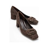 Luvishoes Luvi Shoes Velora Kahverengi Desenli Tokalı Kadın Kalın Topuklu Ayakkabı Kahverengi