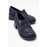 LuviShoes MARLON Lacivert Örgülü Kadın Kalın Topuklu Loafer Ayakkabı