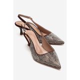 LuviShoes NELLA Kahverengi Altın Taşlı Kadın Topuklu Ayakkabı