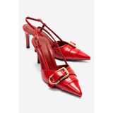 LuviShoes NOEN Kırmızı Cilt Tokalı Sivri Burun Kadın Topuklu Ayakkabı