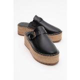 LuviShoes NOVAS Siyah Cilt Hakiki Deri Burnu Kapalı Hasır Dolgu Taban Terlik