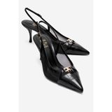 LuviShoes ORELLA Siyah Baskı Tokalı Fileli Kadın Topuklu Ayakkabı