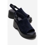 LuviShoes POWER Lacivert Süet Hakiki Deri Kadın Dolgu Topuklu Sandalet