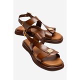 LuviShoes QUELLA Taba Hakiki Deri Tokalı Kadın Sandalet