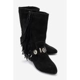 LuviShoes SELORA Siyah Süet Püsküllü Hakiki Deri Tokalı Kadın Western Bot