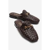 LuviShoes SENIA Kahverengi Örgü Hakiki Deri Tokalı Önü Kapalı Kadın Terlik