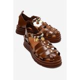 LuviShoes SOLIS Taba Hakiki Deri Boncuklu Kadın Sandalet