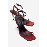 LuviShoes SONE Bordo Saten Gold Topuklu İnce Bantlı Kadın Topuklu Ayakkabı