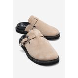 LuviShoes VESTA Bej Süet Tokalı Hakiki Deri Kadın Burnu Kapalı Terlik