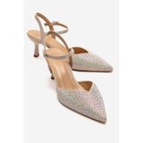 LuviShoes VİLKA Ekru Saten Taşlı Kadın Sivri Burun İnce Topuklu Abiye Ayakkabı
