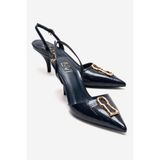 LuviShoes YVELLA Lacivert Rugan Baskı Tokalı Sivri Burunlu Kadın Topuklu Ayakkabı