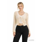 LUVON Bej Ajurlu Bağlamalı Pamuk Kadın Crop Hırka