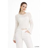 LUVON Beyaz Ajurlu Püsküllü V Yaka Mevsimlik Pamuklu Kadın Triko Bluz