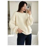 LUVON Ekru Bisiklet Yaka Oversize Kadın Triko Kazak