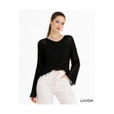 LUVON Siyah Ajurlu Püsküllü V Yaka Mevsimlik Pamuklu Kadın Triko Bluz