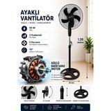 Luvroshe Ayaklı Vantilatör Bakır Sargılı Uzun Ömürlü Motor Siyah 16 Inç 50 W, 5 Pervaneli, 3 Kademeli, 120 cm Yükseklik