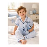 LUVVERA Erkek Çocuk Mavi Çizgili Düğmeli Pijama Takımı %100 Pamuk Yazlık Kısa Kollu