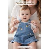 LUVVERA Kız Bebek Arı Nakışlı Kot Salopet Takım | Askılı Elbise ve Tişört 6-24 Ay