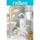 Lüx Beyaz Gold Yuvarlak 3’lü Banyo Seti Altın Robot Tepe Duş, Banyo, Lavabo Bataryası Musluk Takımı