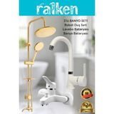 Lüx Beyaz Kalın Gövde 3’lü Banyo Musluk Seti Altın Robot Tepe Duş, Banyo, Lavabo Bataryası Musluğu