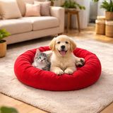 Lux Kırmızı Kedi-Köpek Yatağı - 55cm Polar Kumaş -Yuvarlak Donut Tasarım Yatak - P A R I S Serisi