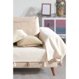 Lux Touch Pera Ekru Püsküllü Kolları Örten Koltuk Örtüsü 300x110 cm 3m Battal Boy Ponponlu Kanepe Divan Çekyat