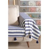 Lux Touch Pera Lacivert Püsküllü Kolları Örten Koltuk Örtüsü 300x110 cm 3m Battal Boy Ponponlu Kanepe Divan