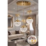 Lüxev Lighting Güneş Model 3'lü Gold 3 Renk Modu Ledli Kristal Taşlı Modern Salon Mutfak Oturma Odası Led Avize