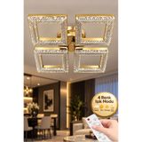 Lüxev Lighting Kare Model Gold 4"lü Ledli 3 Renk Modu Kristal Salon Mutfak Yatak Çocuk Odası Avize