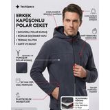 Luxic Core Luxıc Core Erkek Koyu Gri Kapüşonlu Polar Ceket 3 Cepli Fermuarlı Sıcak Tutan Outdoor - XL