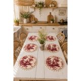 Luxoras Home 6'lı Duck Kumaş Bordo Püsküllü Yuvarlak Supla Amerikan Servis Seti - Vintage Bohem Fransız Köylü Desenli Yuvarlak Masa Dekoru