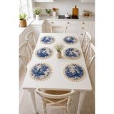 Luxoras Home 6'lı Duck Kumaş Lacivert Püsküllü Supla Amerikan Servis Seti - Vintage Bohem Fransız Köylü Desenli Yuvarlak Masa Dekoru