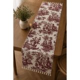 Luxoras Home Bordo Fransız Köylü Desenli Duck Kumaş Runner Ucu Püsküllü Vintage Country Dekoratif Masa Örtüsü