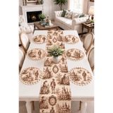 Luxoras Home Duck Kumaş Düz Runner ve 6’lı Püsküllü Yuvarlak Supla Amerikan Servis Seti - Vintage Bohem Fransız Köylü Şato Desenli Yuvarlak Masa Dekoru - 7 Parça Çeyiz Seti