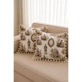 Luxoras Home Duck Kumaş Fransız Şato Desenli Püsküllü Dekoratif Kırlent Kılıfı - 2'li Çeyiz Seti